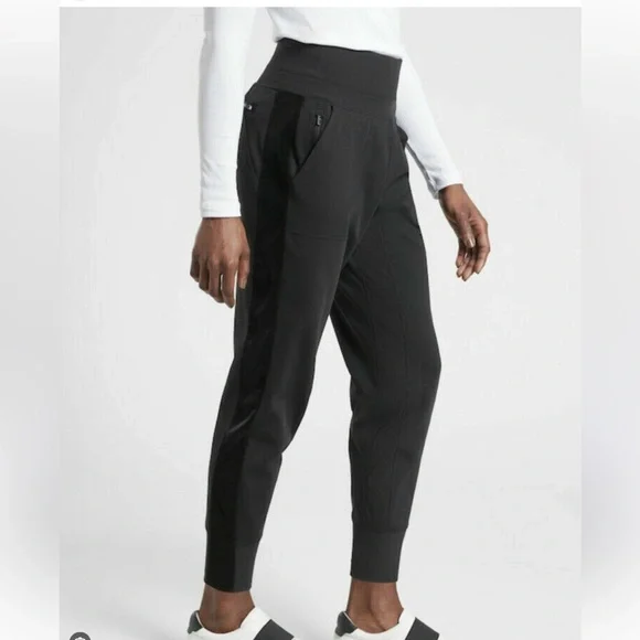 Athleta women’s large Black Velvet Stripe Joggers - Picture 1 of 6